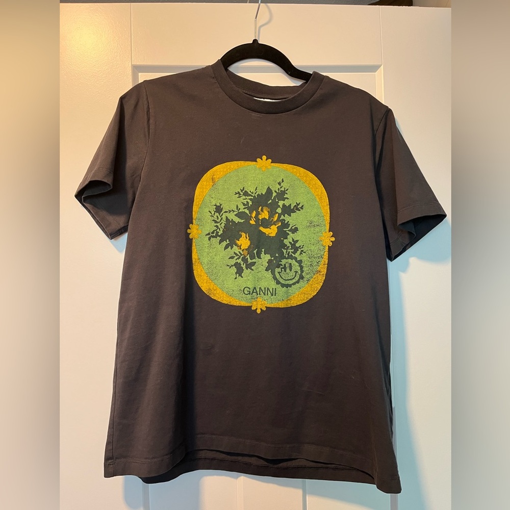 Ganni Black Tee with Green and Yellow Graphic